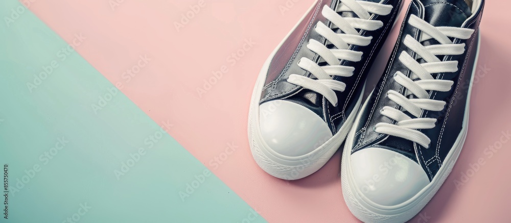 Aufkleber Close up of black and white shoes with isolated on pastel background. with copy space image. Place for adding text or design
