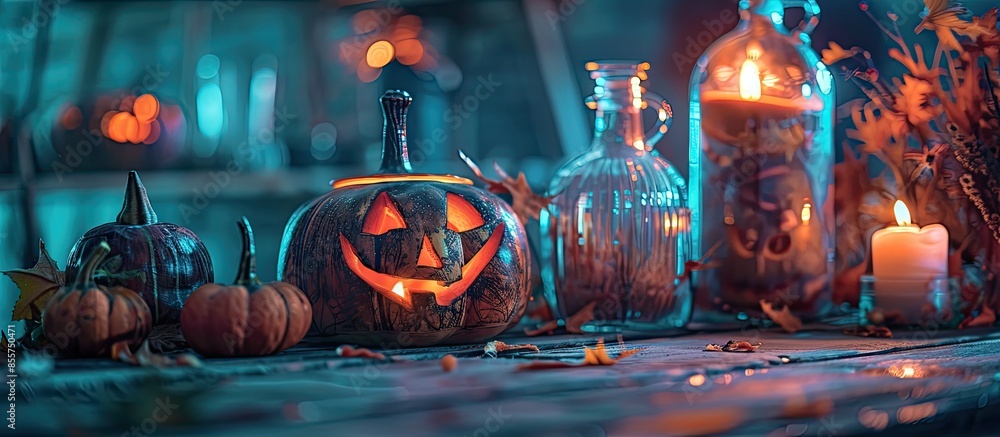 Poster halloween decoration with pumpkins and magic potions indoor. copy space image. place for adding text