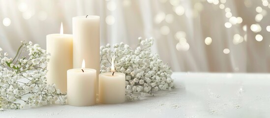 Burning candles for interior isolated on white background. Trendy Bubble candles with vanilla flavor. Eco soy candles. Candles for relaxation. Close-up. Place for text. Interior. Hygge concept