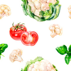 Create an artistic pattern with handdrawn cauliflower, tomato, and basil in a colorful design