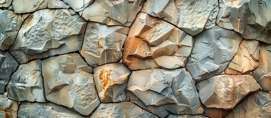 Texture, background, pattern. Natural stone lined wall. Hard rock chunks or solid mass, as well as a piece, vertical part of the building premises. with copy space image