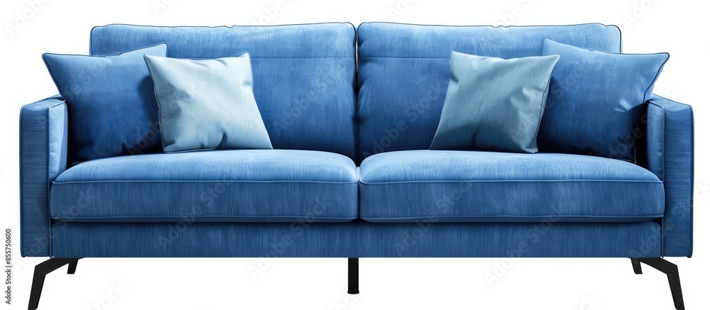 Poster Light blue fabric sofa on black metal legs isolated on white background with clipping path. Series of furniture. with copy space image. Place for adding text or design
