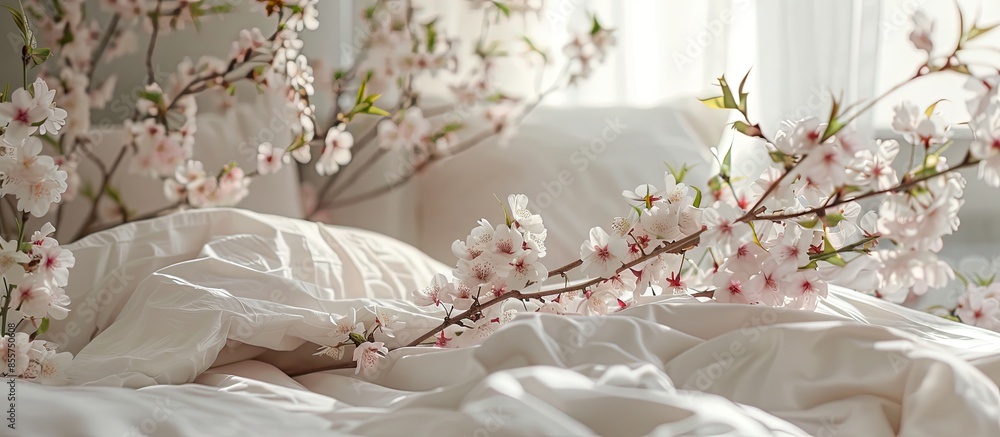 Aufkleber bed decorated with pink and white flowers sakura branches. with copy space image. place for adding t