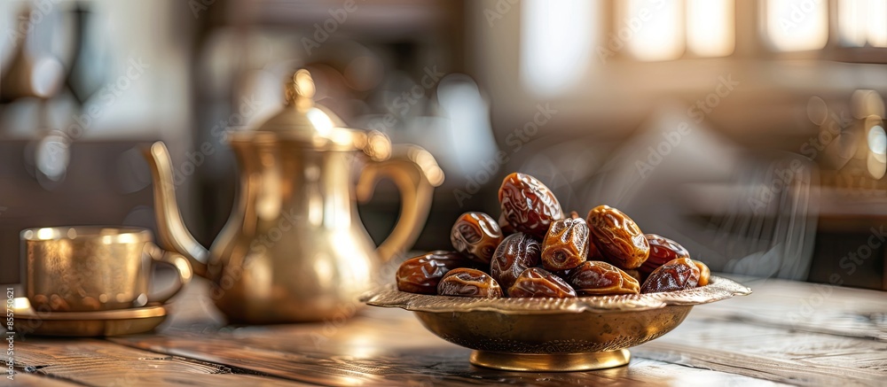 Aufkleber Dates in a golden bowl with a coffee pot and cups on a wooden floor and a white background , luxury shoot. Copy space image. Place for adding text or design
