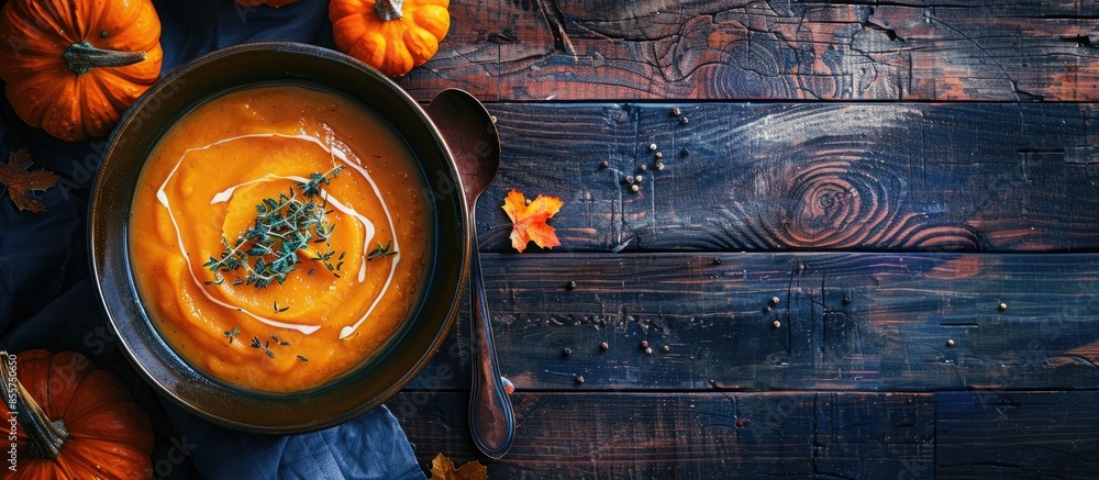 Aufkleber Vegetable puree soup on a dark wooden background. Pumpkin cream soup with thyme. Serving an autumn dish. Vegetarian food. Vegan cuisine. Dark style. Copy space image. Place for adding text or design