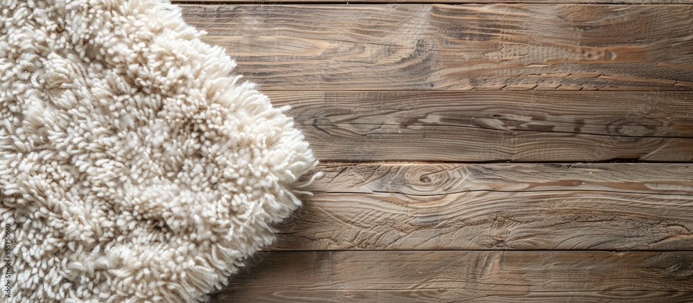 Aufkleber Fuzzy carpet on wooden background, top view with space for text. with copy space image. Place for adding text or design
