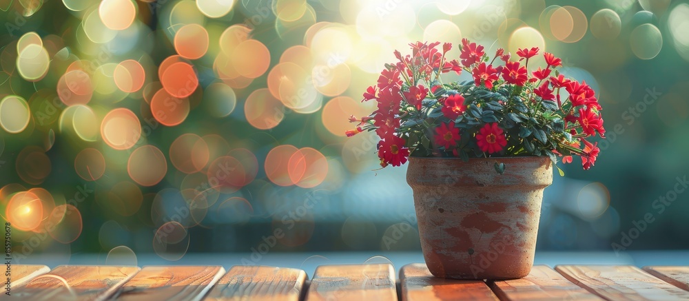 Poster red, Burgundy flowers in a pot stand on a wooden table. street cafe green blurred background, close-up. with copy space image. Place for adding text or design