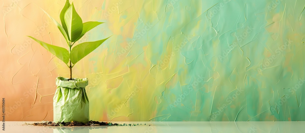 Aufkleber green recycling concept plant growing out of rubbish isolated on pastel background reflective backgr