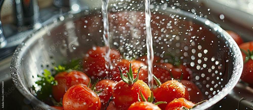 Poster Closeup of tomatoes in colander under running water in sink. with copy space image. Place for adding text or design