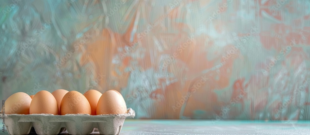 Aufkleber chicken eggs closeup in a corton box on a gray stand pastel background. with copy space image. place