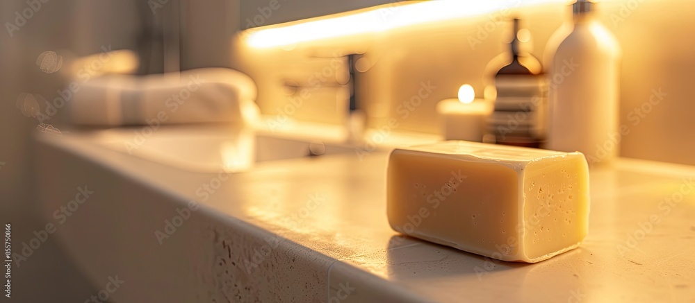 Poster Bar of soap in bathroom. with copy space image. Place for adding text or design