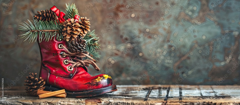 Poster Red boot with Christmas gifts inside decorated with cones ,cinnamon and twigs of pine. with copy space image. Place for adding text or design