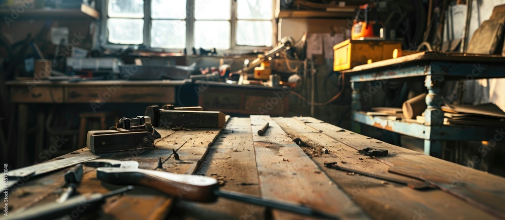 Aufkleber carpenter workshop room background workbence table for wood work with electric screwdriver, saw, ham
