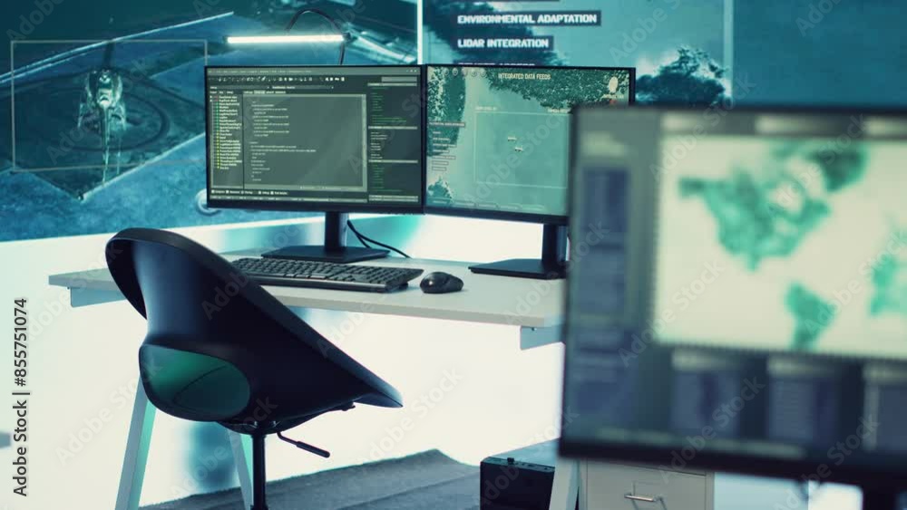 Aufkleber empty military command headquarters with a big display and workstations used for reconnaissance and 