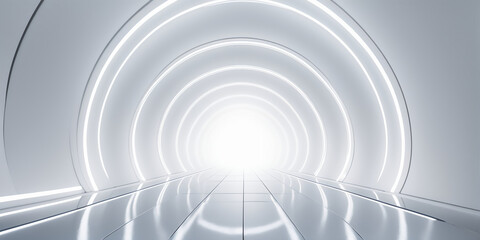 Naklejka premium White background 3D room light abstract space technology tunnel stage floor. Empty white future 3D neon background studio futuristic corridor render modern interior silver road black wall design gray