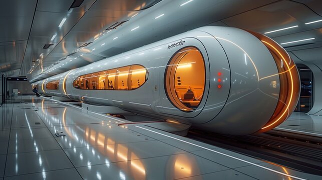 Hyperloop pods docking at a sleek, futuristic terminal