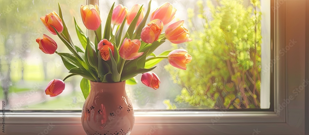Poster Vase with beautiful tulips on windowsill. with copy space image. Place for adding text or design