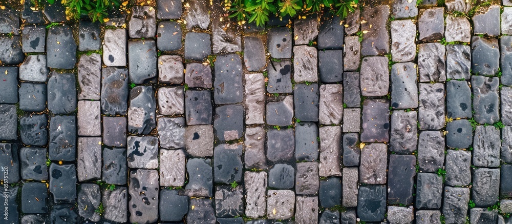 Aufkleber Old cobblestone road top aerial drone view. Copy space image. Place for adding text or design