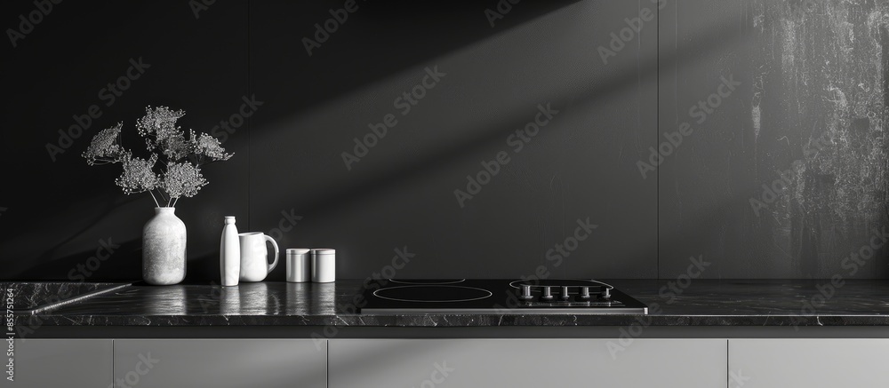 Poster modern kitchen in black and white, hob. with copy space image. place for adding text or design