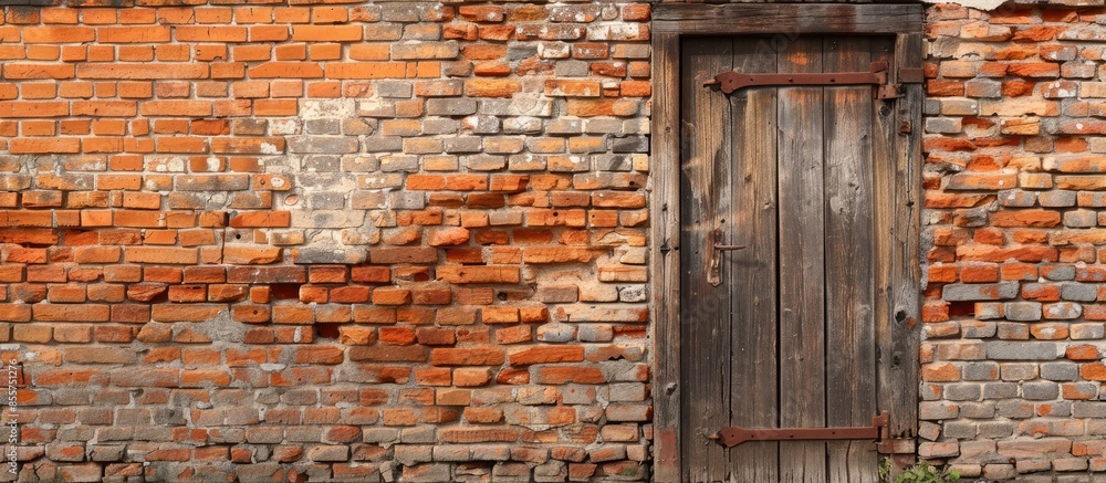 Poster wooden door on brick wall. with copy space image. place for adding text or design