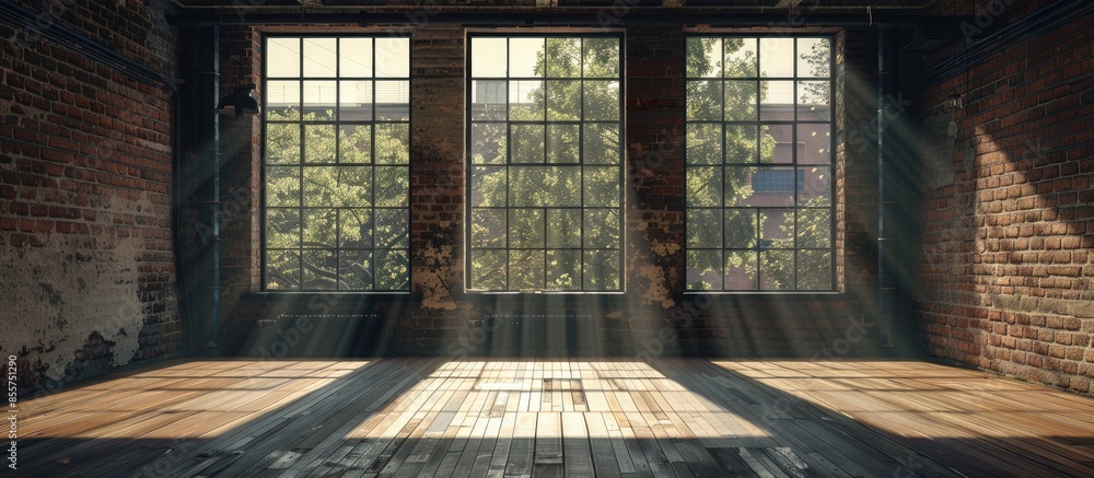 Poster Large spacious loft room in dark colors in the rays of sunlight with big window. free lay-out. with copy space image. Place for adding text or design