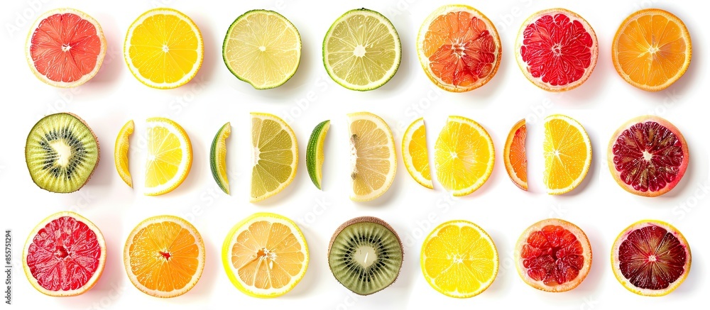 Poster collection of fruit slices isolated on white background. fresh food. copy space image. place for add