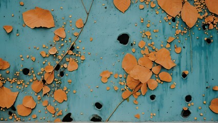 Abstract Nature: Fallen Leaves on a Weathered Wall - A visually striking abstract composition of orange leaves scattered on a rustic turquoise wall, creating an intriguing contrast and texture