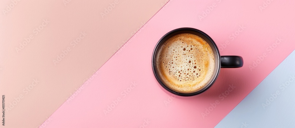 Poster Black coffee with milk flatlay view on pastel background. with copy space image. Place for adding text or design