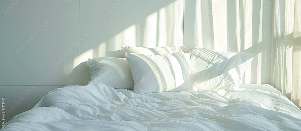 Poster Clean white sheets and pillows on a bed. with copy space image. Place for adding text or design