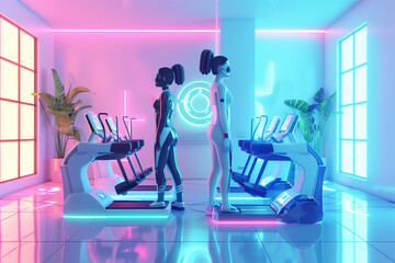 Artificial intelligence woman standing on treadmill in a futuristic gym blue Neon Lighting. Advanced Virtual Reality Fitness Equipment