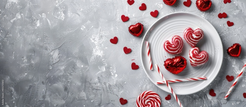 Poster valentine's day concept. top view photo of heart shaped lollipops plates with candies and inscriptio