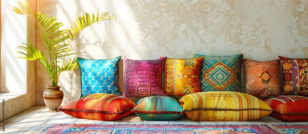 Poster colorful arabian style pillows. with copy space image. place for adding text or design