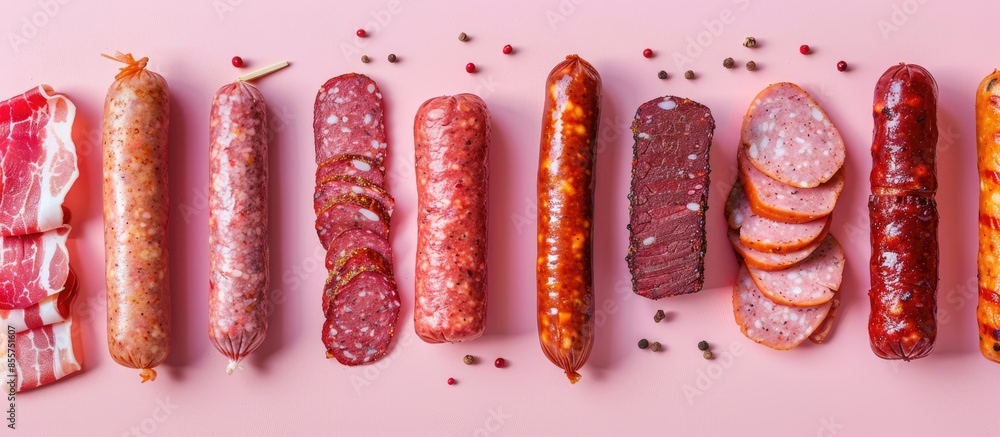 Leinwandbilder different sausages and smoked meats isolated on pastel background . with copy space image. place for