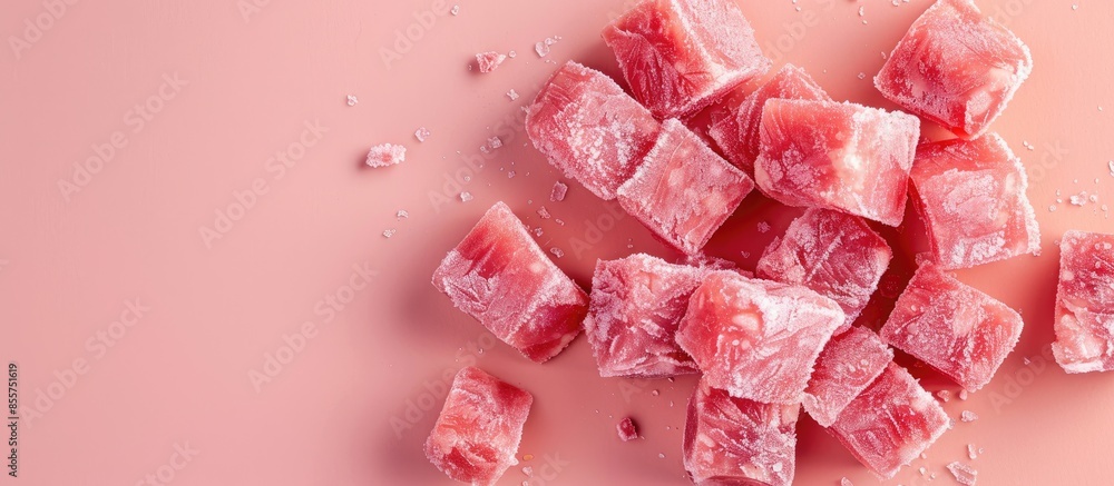 Poster top view of frozen pork meat cubes isolated on pastel background. with copy space image. place for a