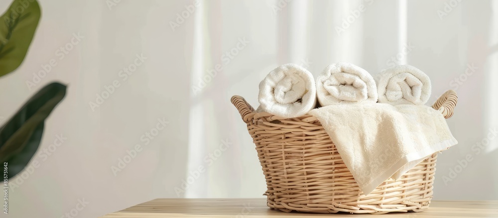 Poster Wicker basket with rolled towels on white wooden table in bathroom. Space for text. with copy space image. Place for adding text or design