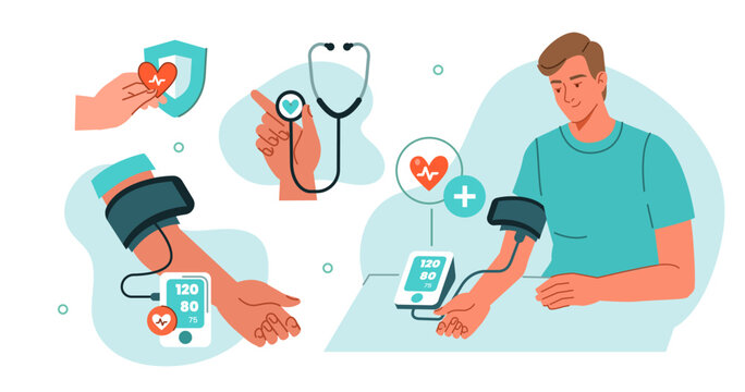 Man with hypertension checking heart health with blood pressure monitor at home. Vector illustration.