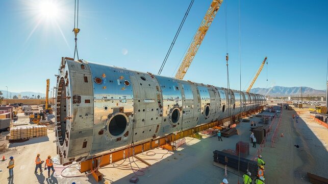 Hyperloop system under construction with cranes and workers