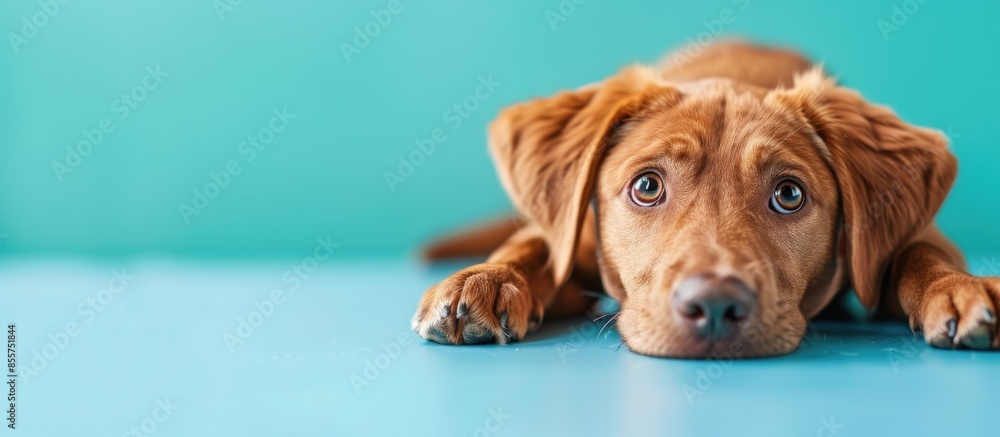 Poster dog puppy lying pastel background dog nature cat animals. with copy space image. place for adding te