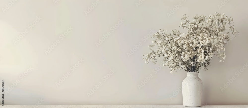 Poster beautiful flower chrysanthemum, gypsophila in a vase on a light background. with copy space image. p