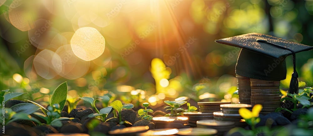 Poster hat graduation model on money coins saving for concept investment education and scholarships. copy s