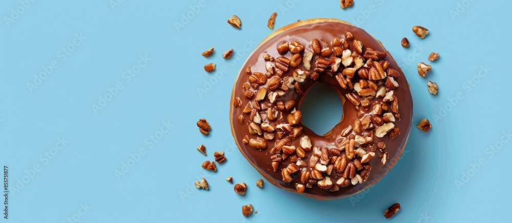 Leinwandbilder Donut in milk chocolate glaze with nuts isolated over pastel background with clipping path. Top view. with copy space image. Place for adding text or design