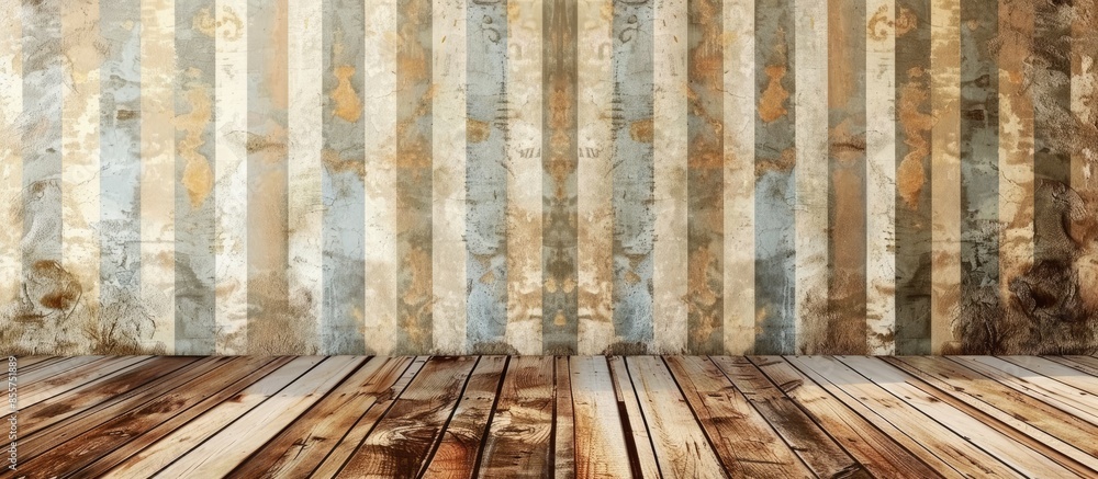 Aufkleber Empty top of vintage striped pattern wall and wooden deck tabletop.For product display. with copy space image. Place for adding text or design