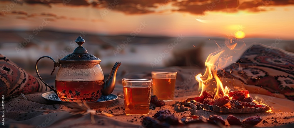 Aufkleber Dates, teapot, cup with tea near the fire in the desert with a beautiful background. Ramadan Kareem. Copy space image. Place for adding text or design