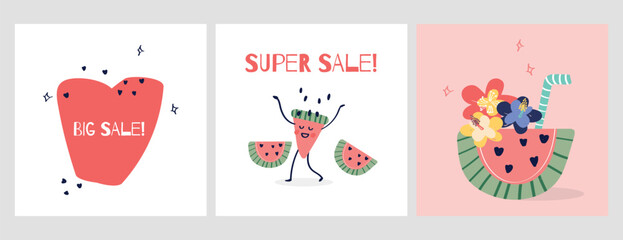 Big sale and super sale. Summer hand drawn card set. Summer posters with cute funny watermelon slice character. Watermelon cocktail. Summer postcards with sale lettering