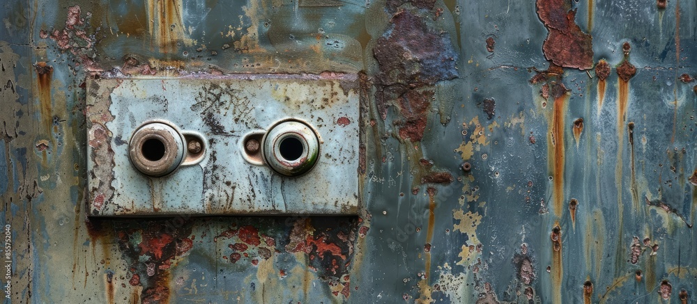 Poster used old dirty outdoor electric socket with rain cover mounted on a wall with open cover . with copy
