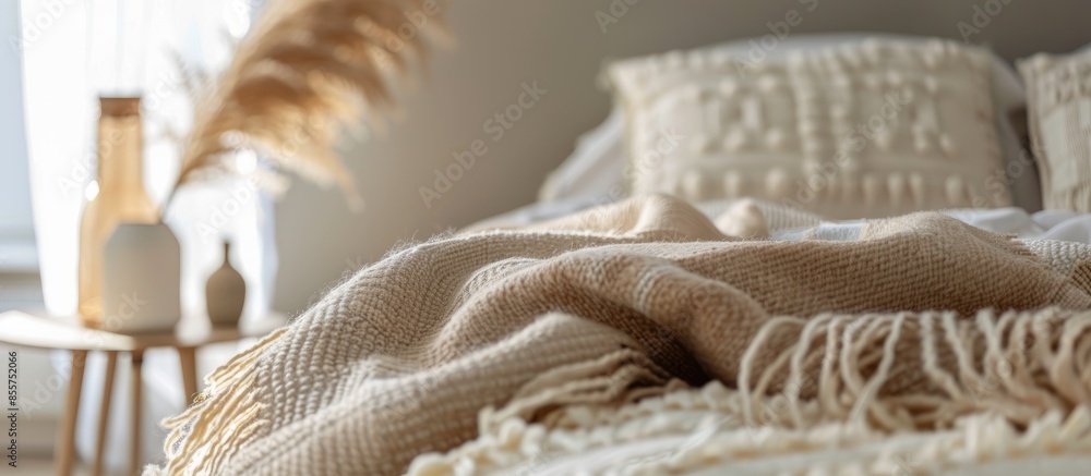 Poster light beige blanket throw beautifully arranged selective focus all angle home needs. with copy space