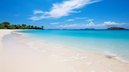 Naklejka premium Beautiful Tropical Beach With Crystal Clear Water, Sandy Beach, And Green Islands In The Distance. Generative AI