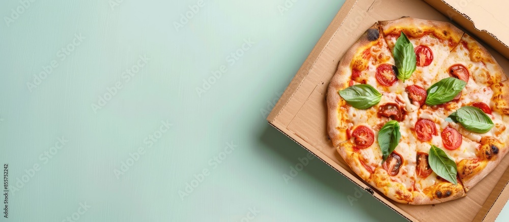 Aufkleber Pizza in a cardboard box with clipping path pastel background. with copy space image. Place for adding text or design