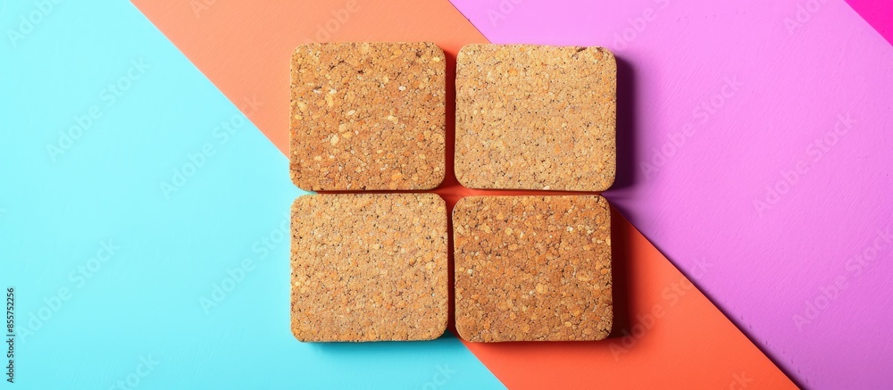 Aufkleber Mockup of empty blank beer drink cork coasters in studio environment on bright pastel background. with copy space image. Place for adding text or design