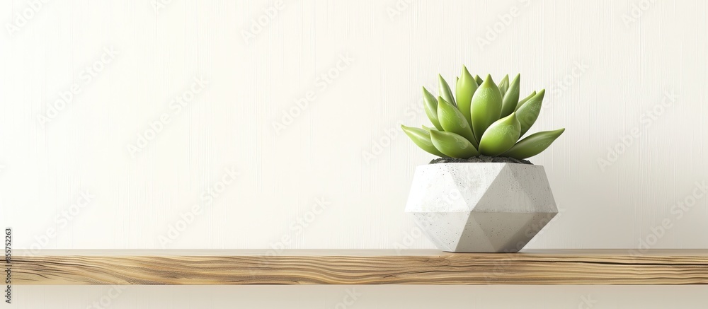 Poster concrete pot. green succulent plant in modern geometric concrete planter on wooden shelf isolated on